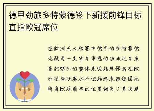 德甲劲旅多特蒙德签下新援前锋目标直指欧冠席位