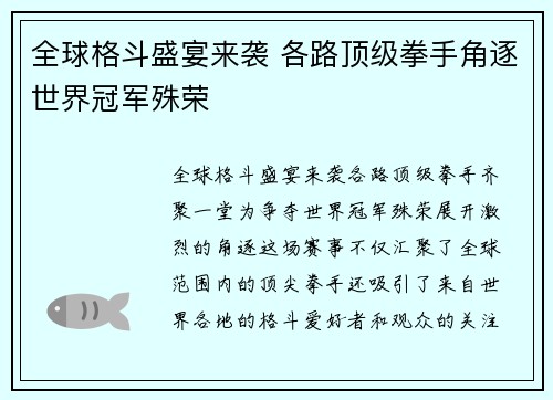 全球格斗盛宴来袭 各路顶级拳手角逐世界冠军殊荣