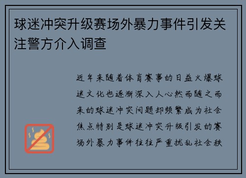 球迷冲突升级赛场外暴力事件引发关注警方介入调查