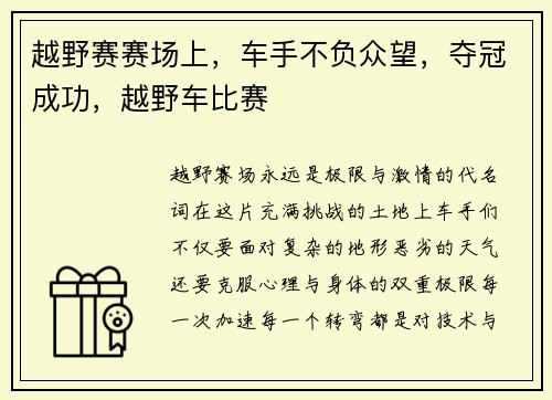 越野赛赛场上，车手不负众望，夺冠成功，越野车比赛
