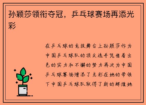 孙颖莎领衔夺冠，乒乓球赛场再添光彩