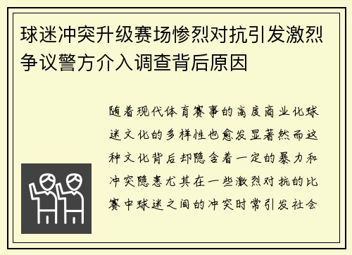球迷冲突升级赛场惨烈对抗引发激烈争议警方介入调查背后原因